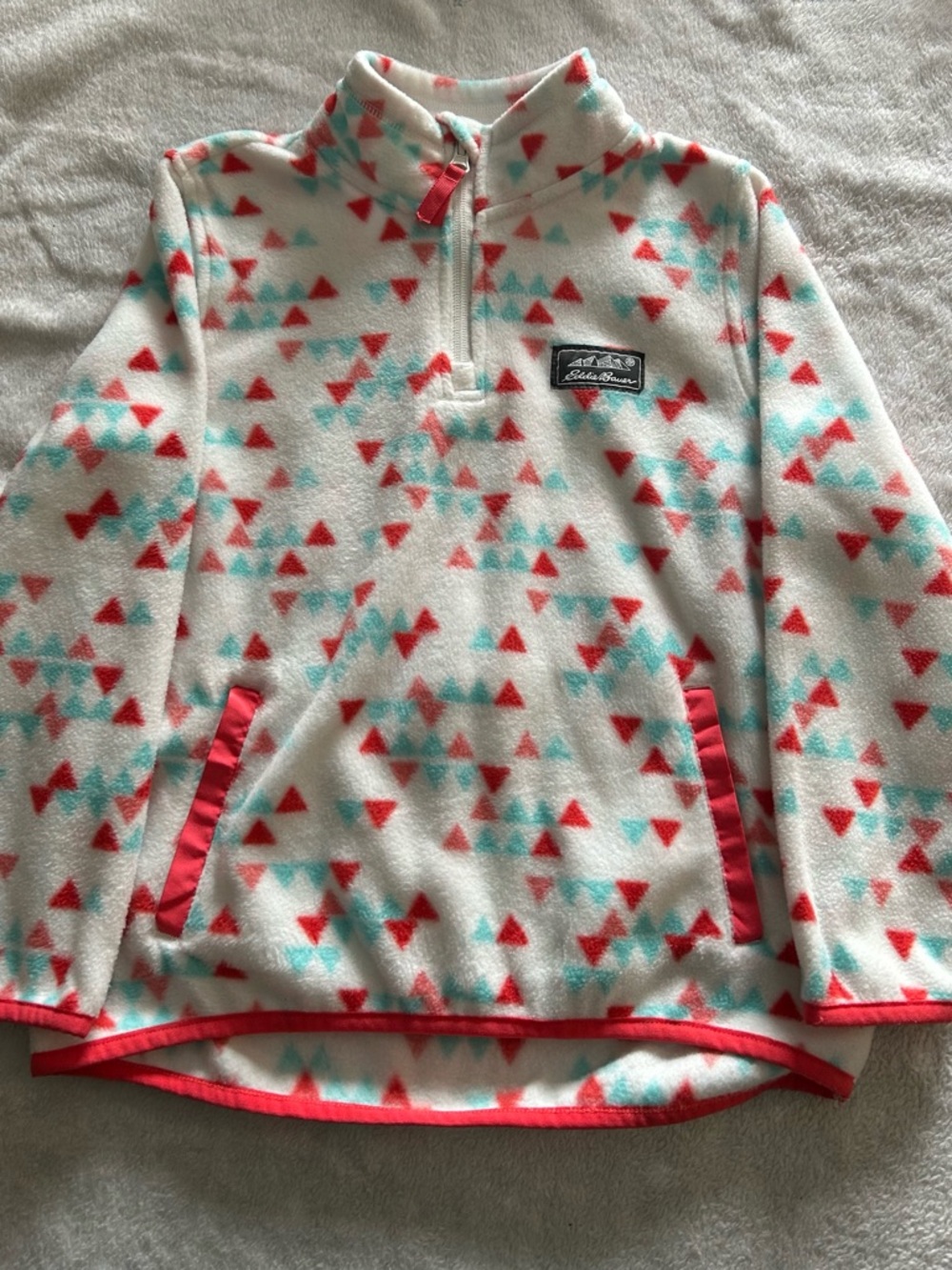 Eddie Bauer White Fleece Pullover with Red and Teal Triangle Print